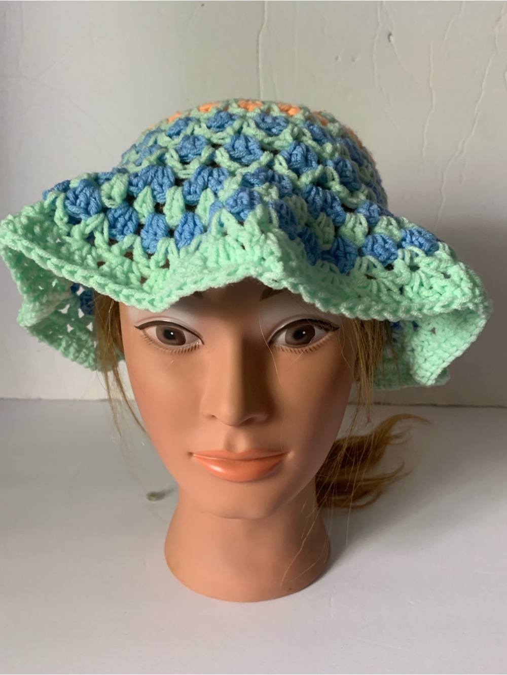 Crochet Bucket Hat in Mint Green Light Blue and Orange Sun Hat